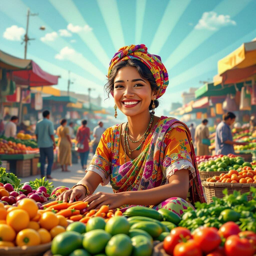 Joyful Vegetable Seller in Bustling 3D Market
