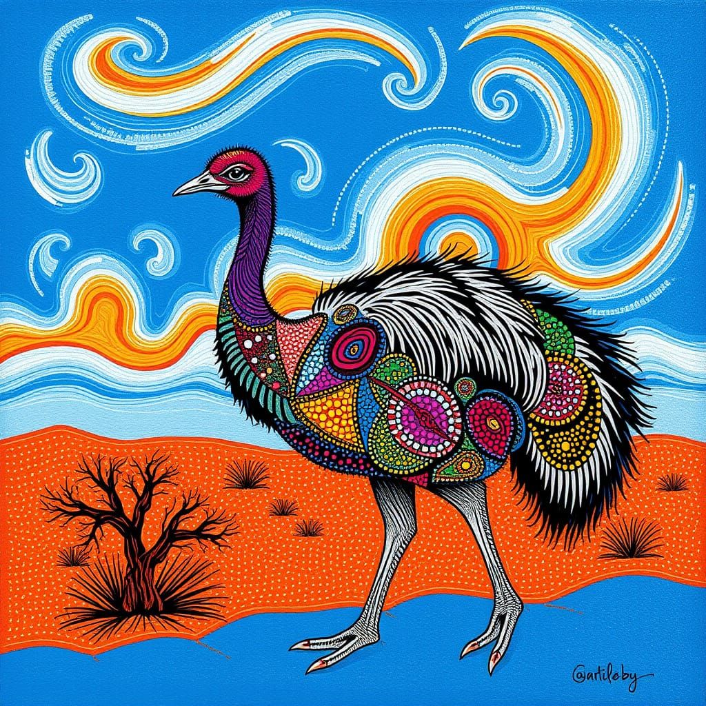 Flightless Bird in Vibrant Aboriginal Art