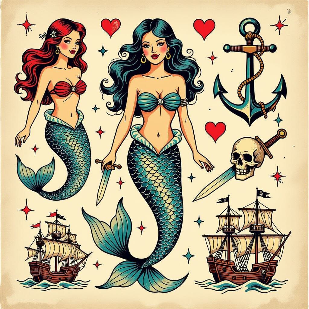 Vintage Sailor Tattoo Sheet with Nautical Elements