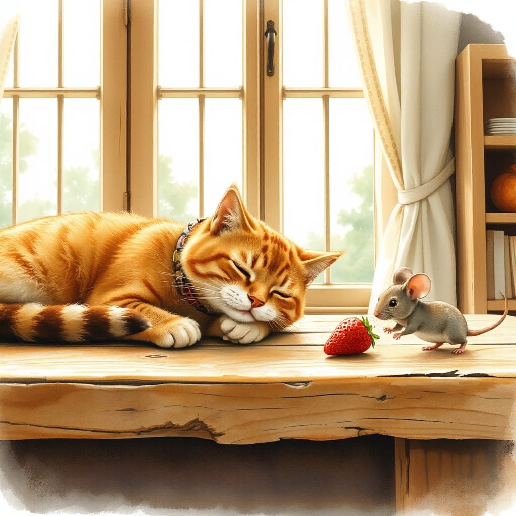 Cat Nap with Strawberry Thief in Watercolor Style