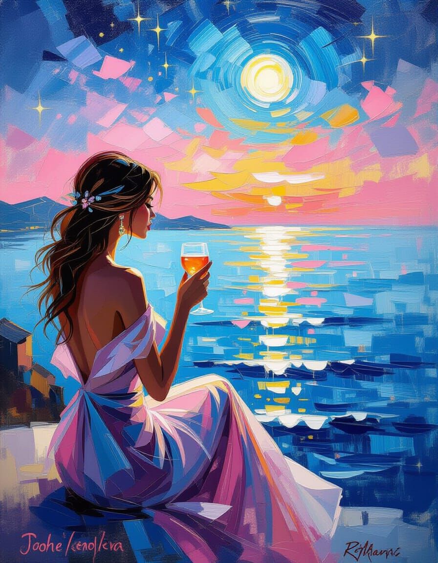 Impressionistic Cocktail by the Sea at Night