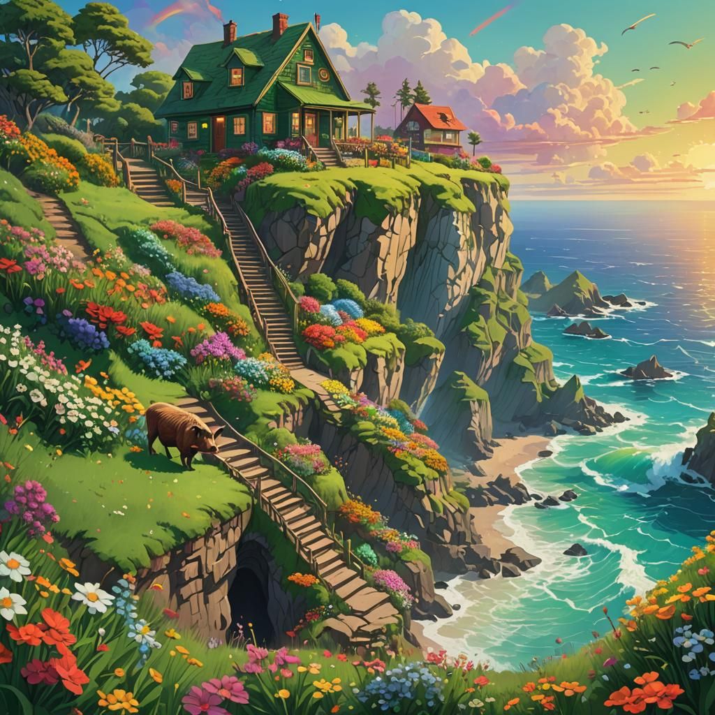 Whimsical Cliffside Home with Fantasy Elements