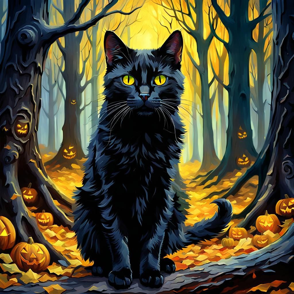 Black Cat in Haunted Forest: Impressionist Oil Painting