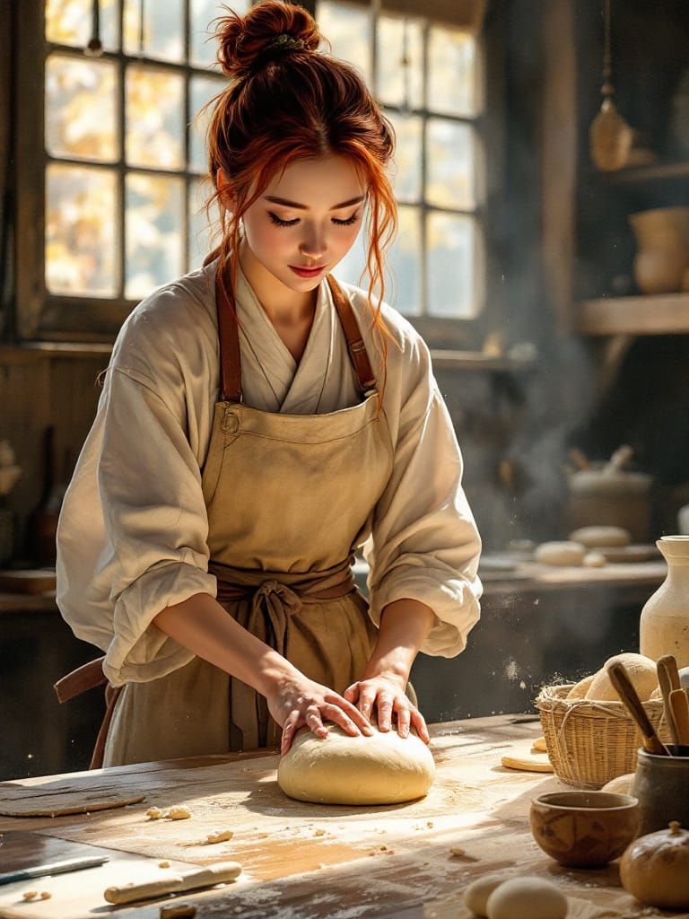 Redhead Baker Kneading Dough in Luminous Kitchen