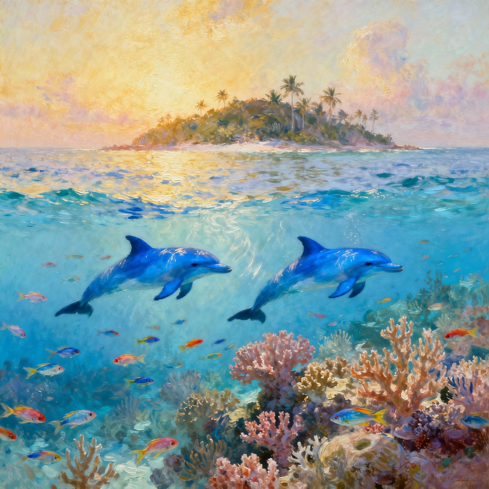 Underwater Tropical Island Paradise with Dolphins and Coral ...