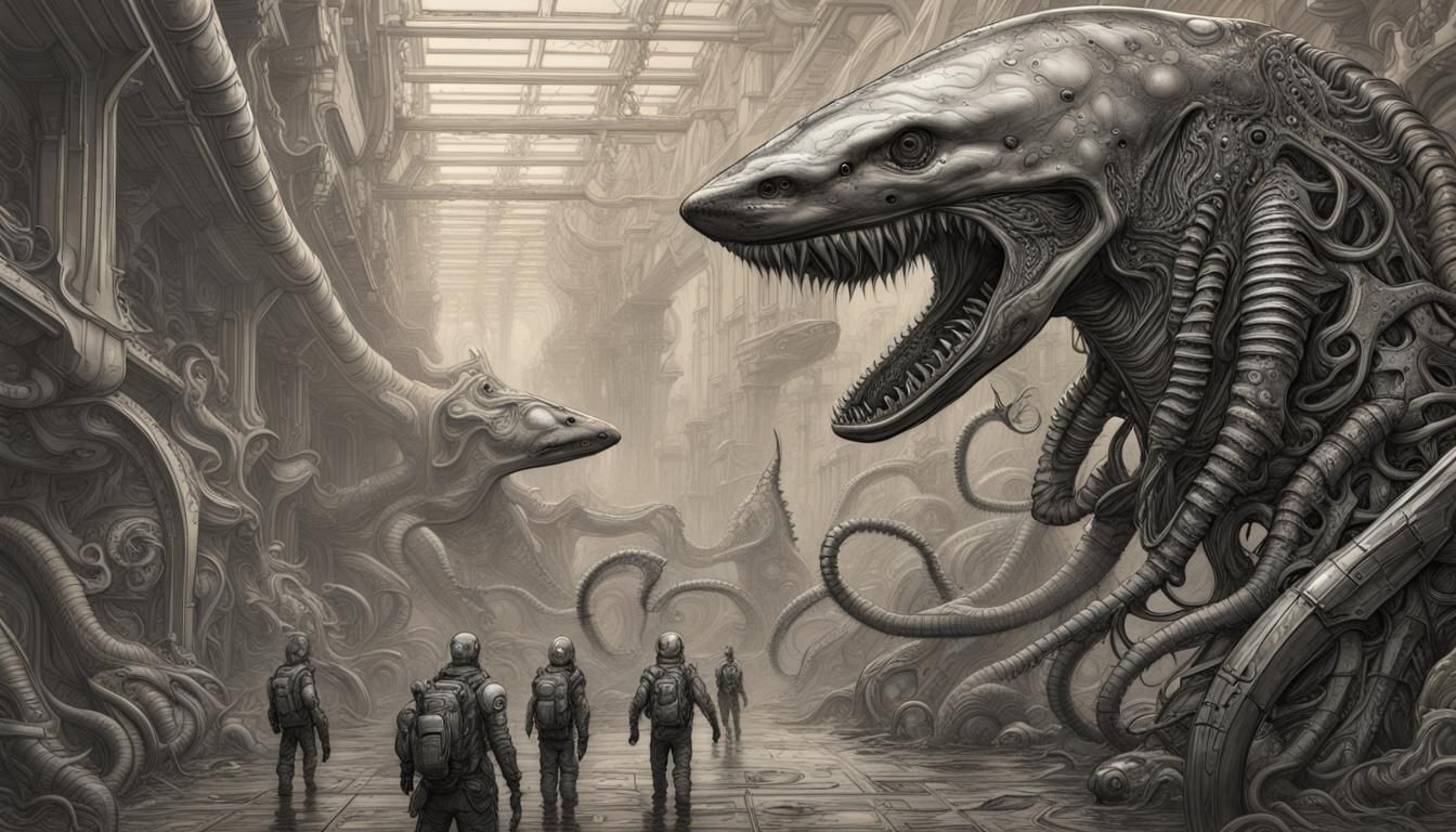 Cyberpunk Dieselpunk Etching: Shark, Aliens, and Seahorses