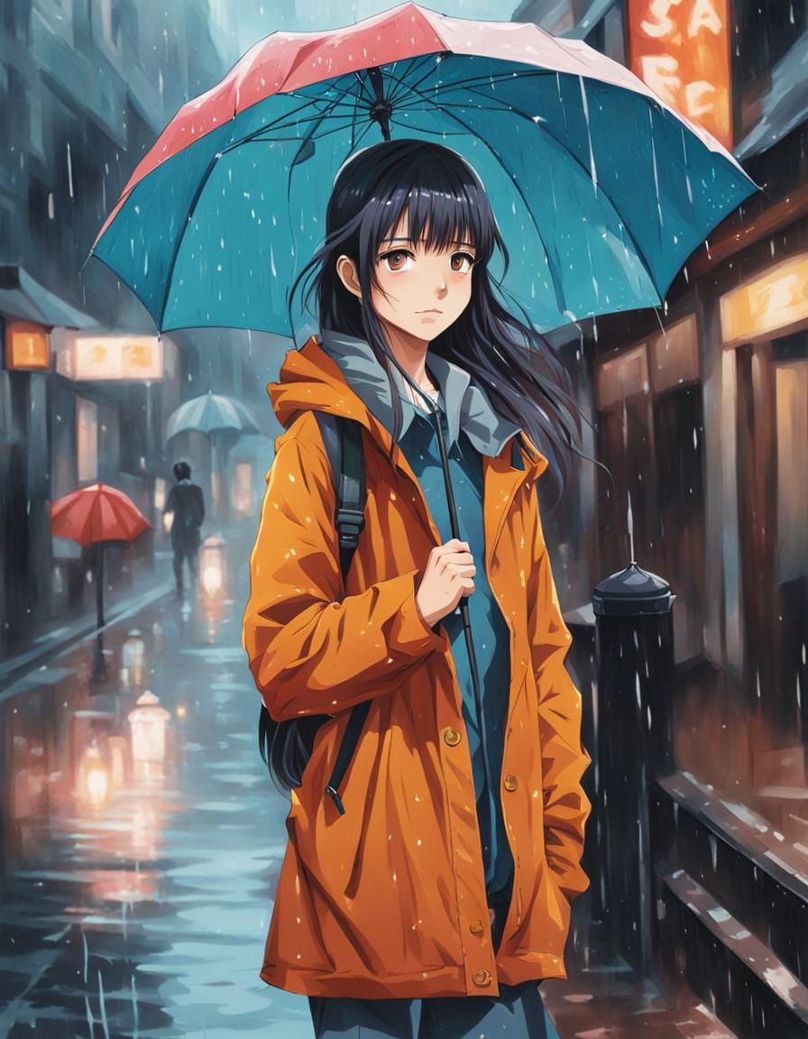 Anime Portrait of Woman in Rainy Day
