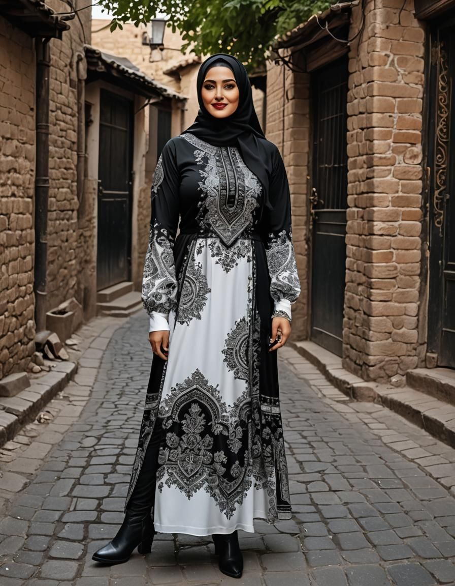 Charming Hijabi Woman in Black Dress, Pop Art Portrait