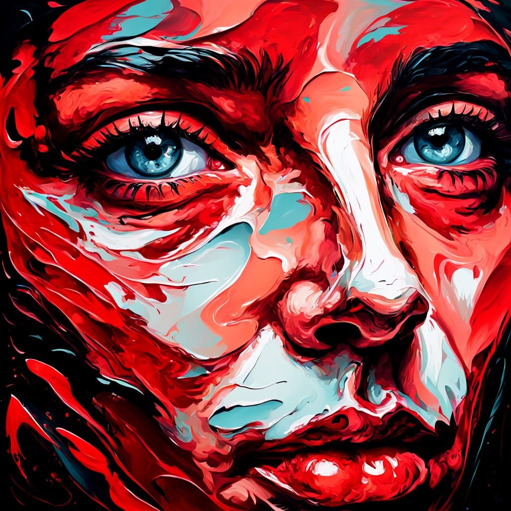 Distorted Face in Expressionist Painting with Crimson Hues