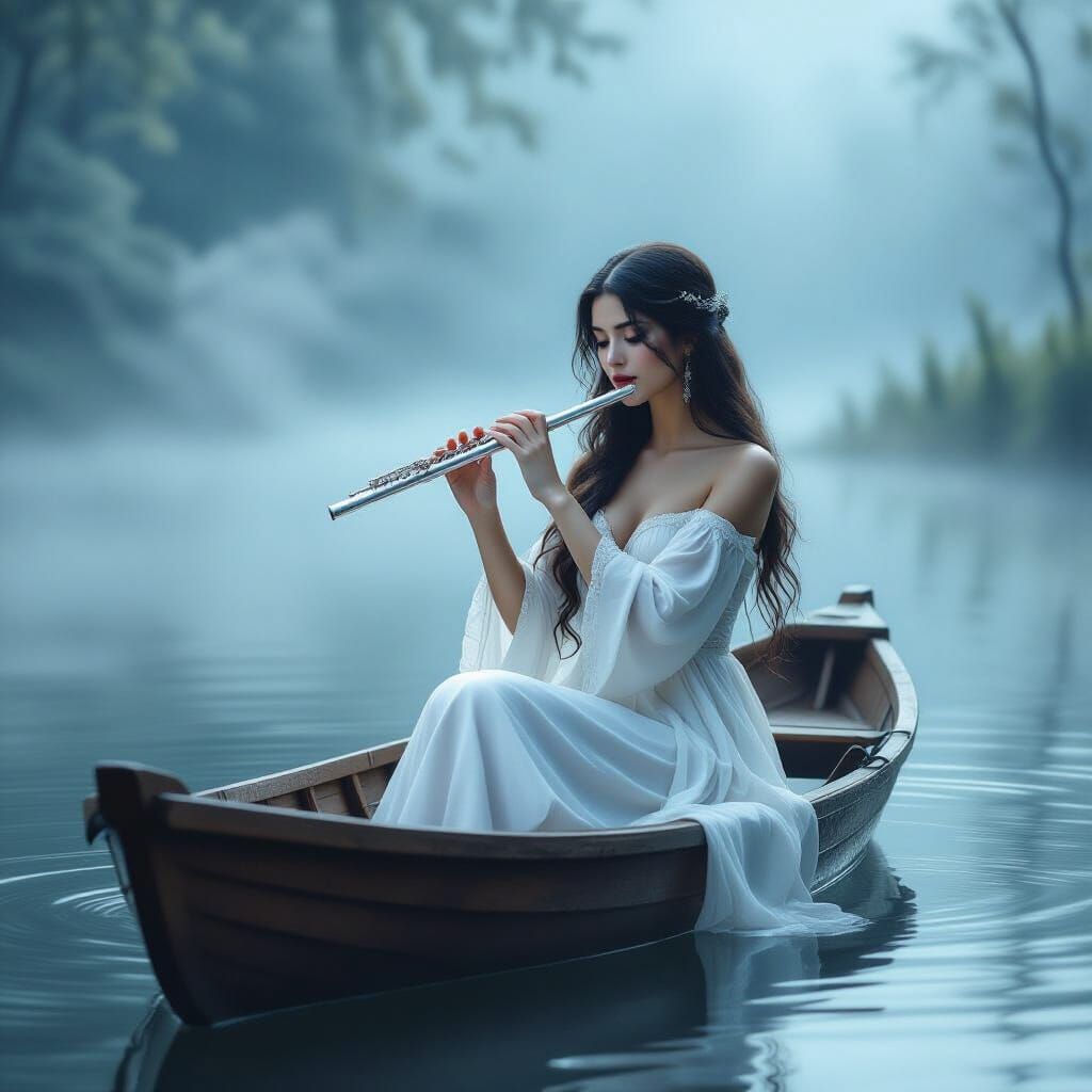 Ethereal Woman Plays Flute in Foggy Rowboat