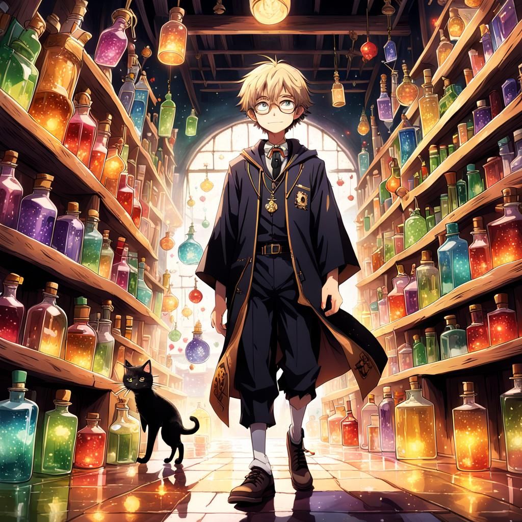 Anime Wizard in Magical Classroom with Potions