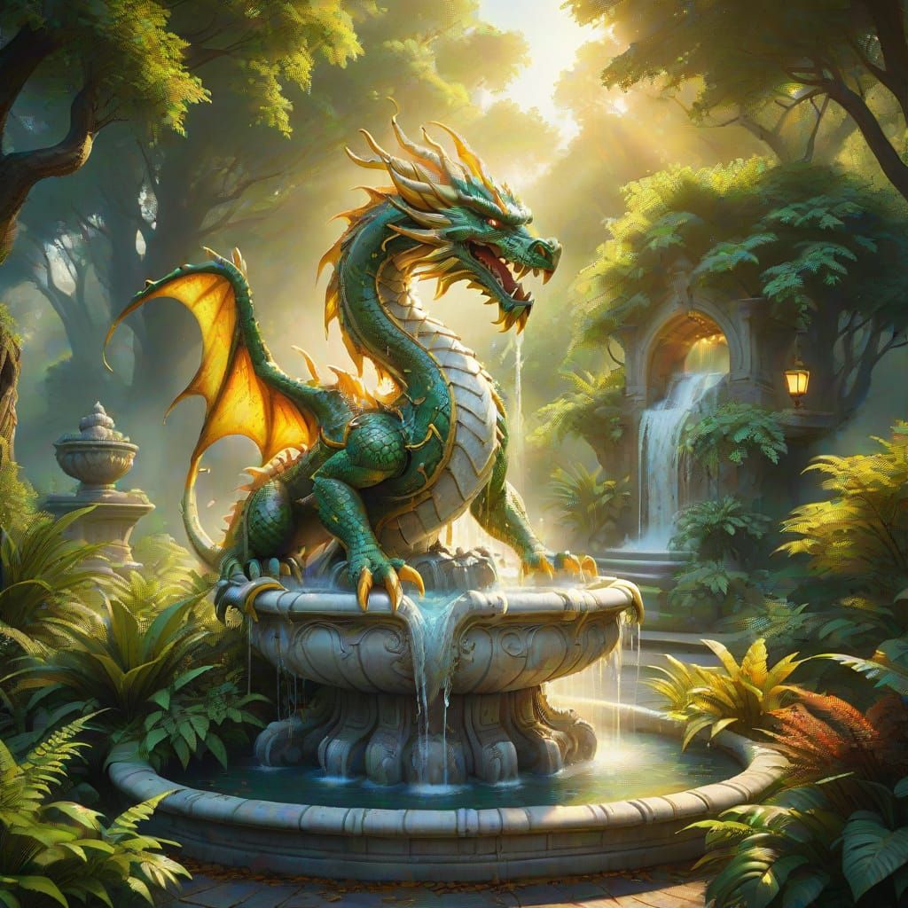Marble Dragon Fountain in Forest Garden: Oil Painting