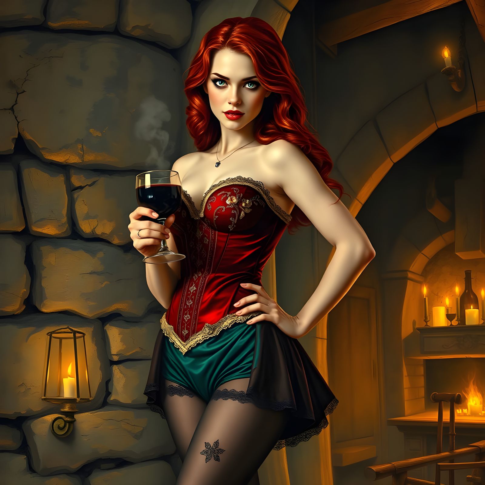 Medieval Goddess in Crimson Corset and Emerald Skirt