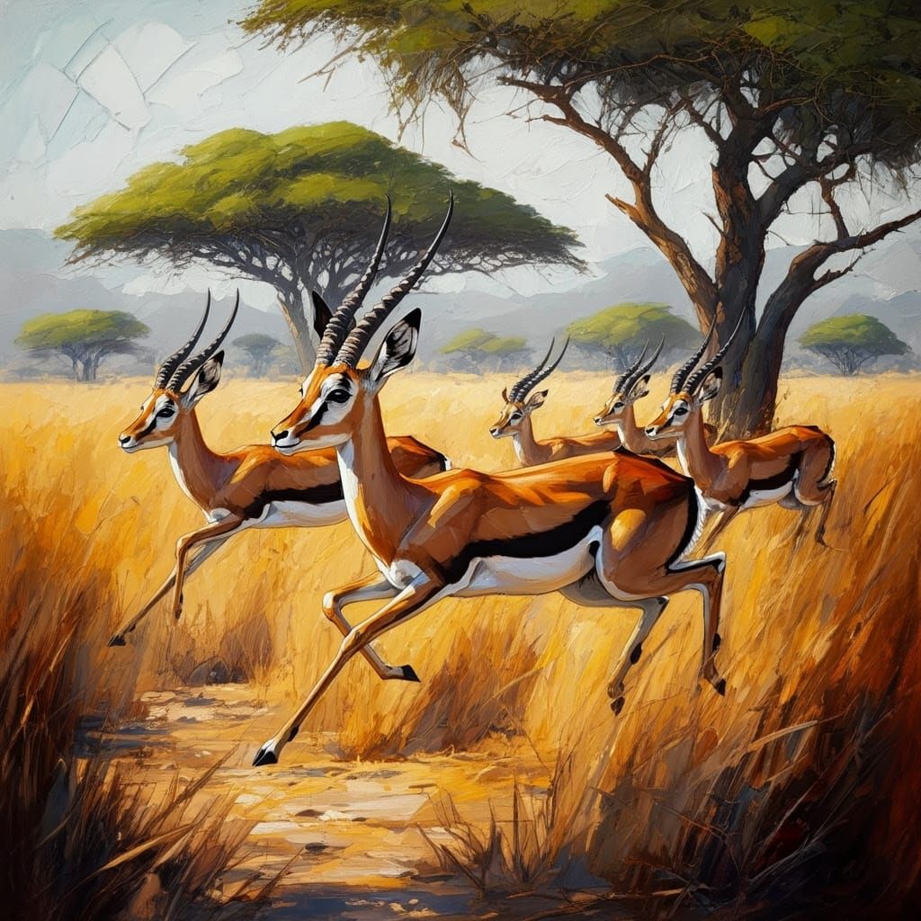Gazelles Running Freely: Expressive Impasto Painting
