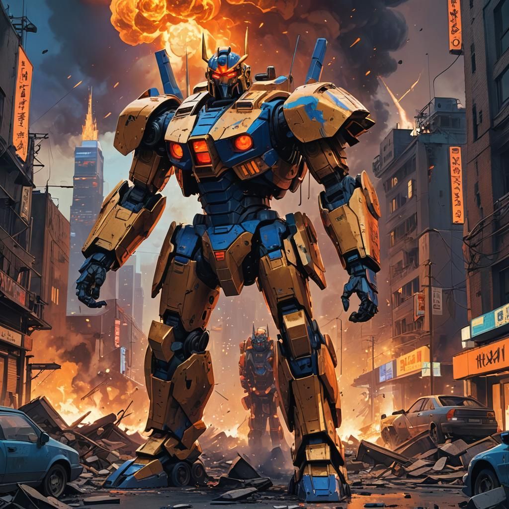 Cyberpunk Gaiking in War-Torn Metropolis