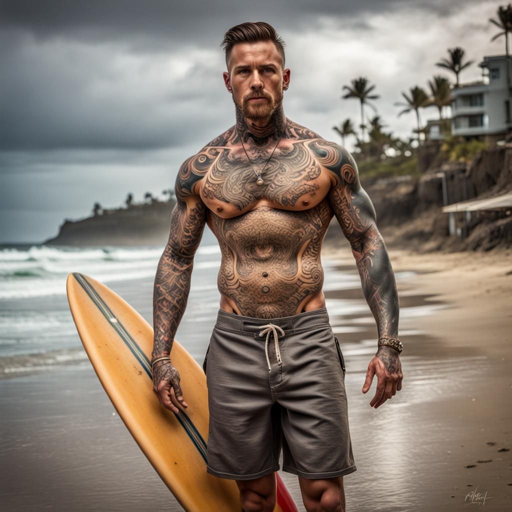 Hyperrealistic Tattooed Man with Surfboard on Beach