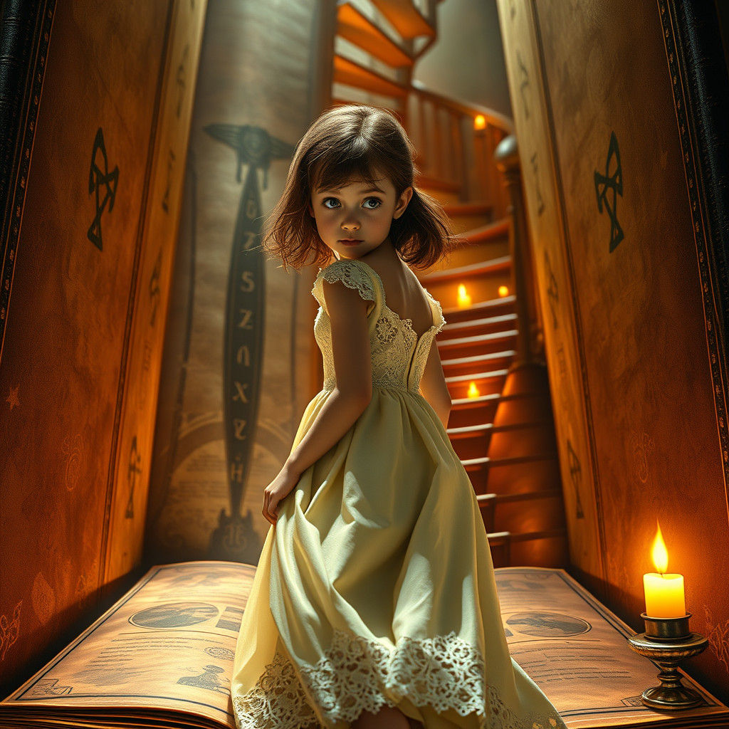 Girl Enters Gigantic Book with Mystical Staircase