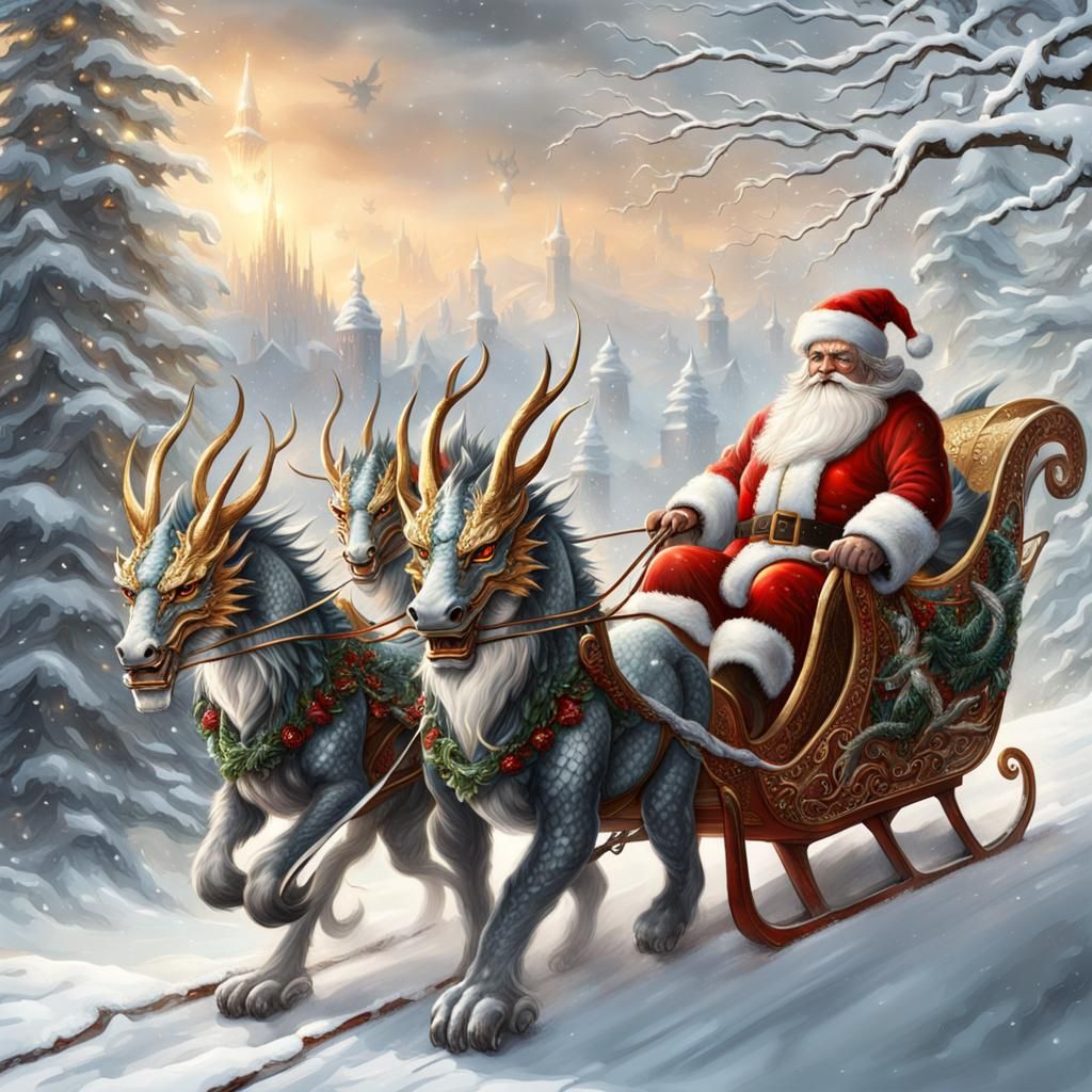Christmas Sleigh Pulled by Dragons: Digital Masterpiece