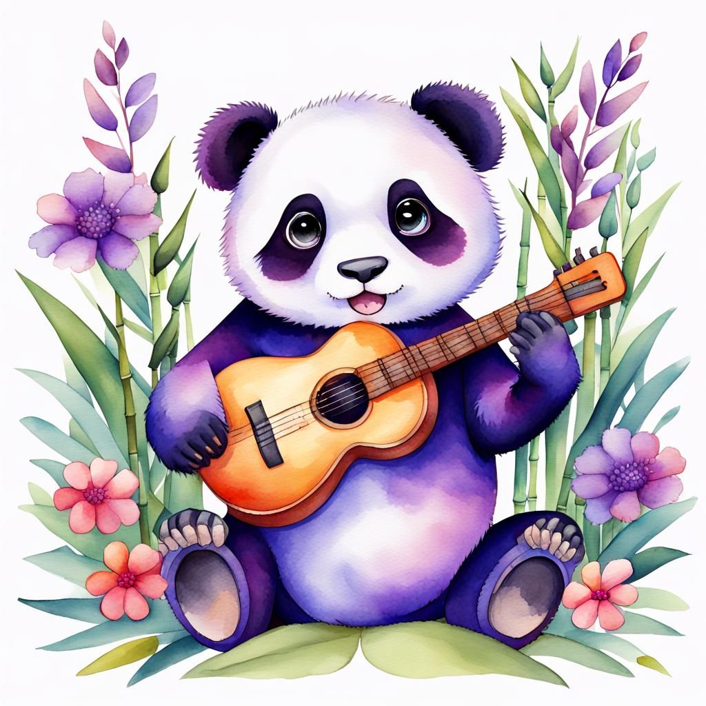 Chibi Purple Panda Singing in Watercolor Style