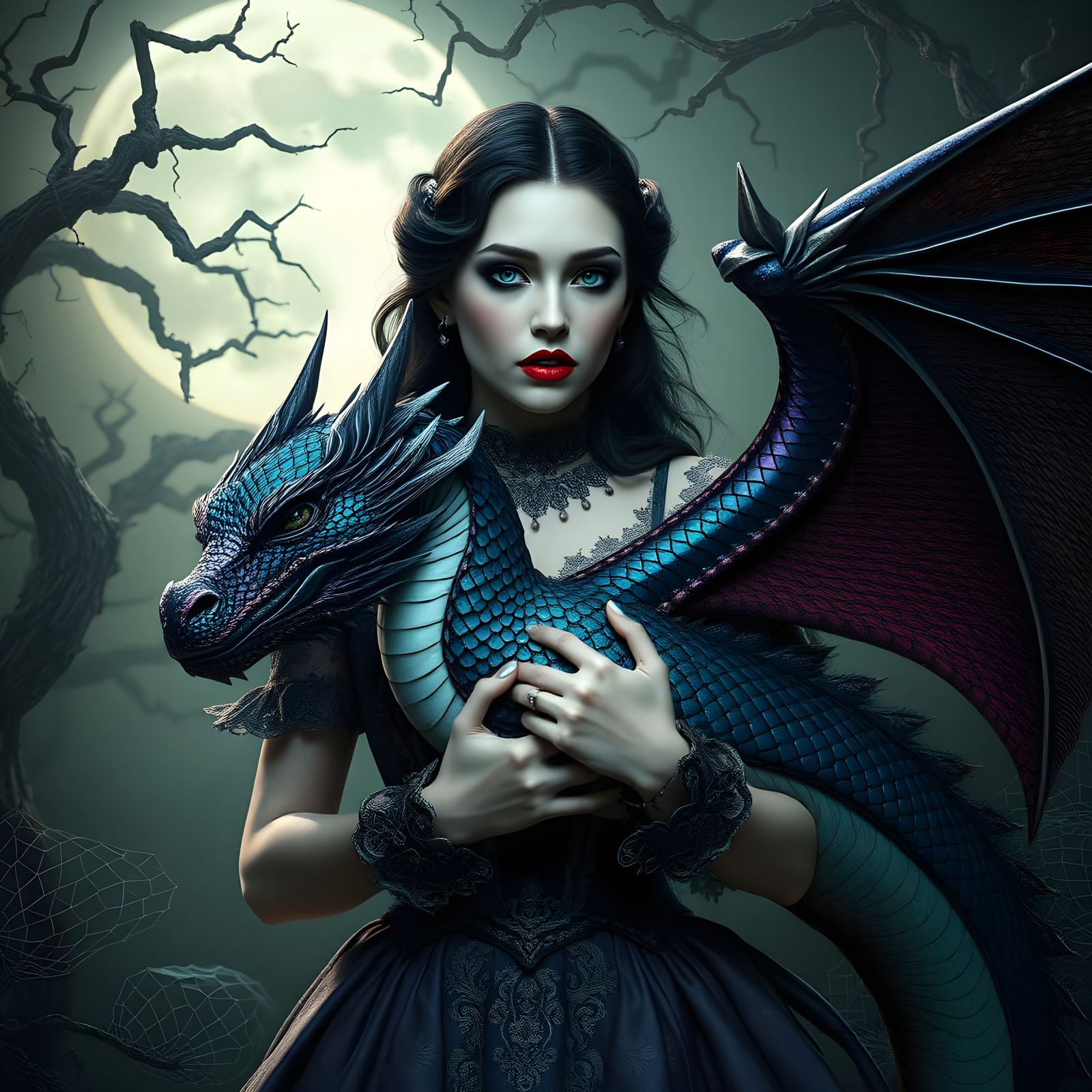 Ethereal Vampire Woman with Majestic Dragon Companion