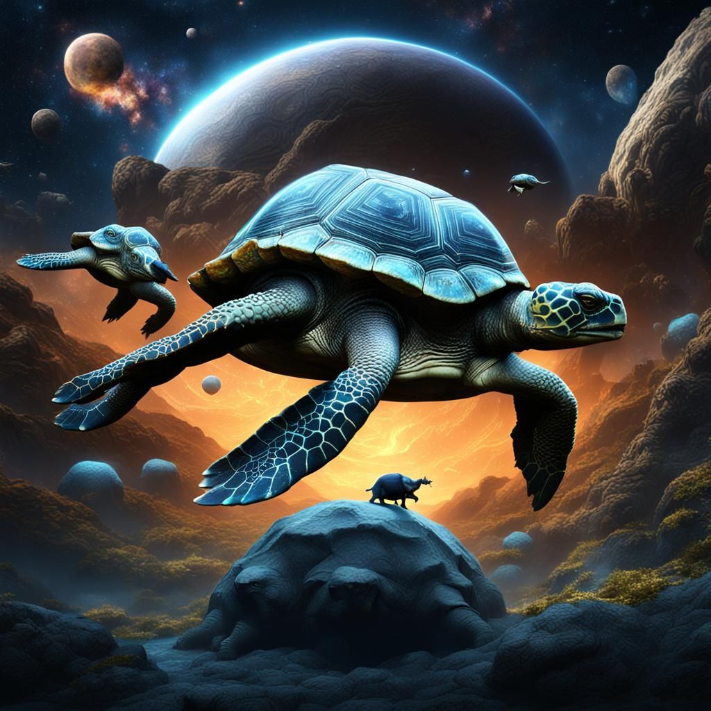 Fantastical Discworld on Giant Turtle in Space