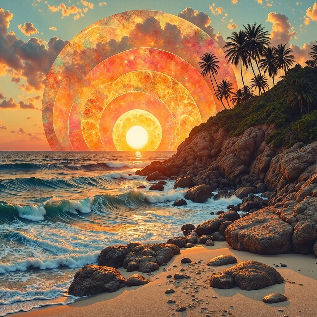 Surreal Beach Sunset in Retro Split-Tone Style