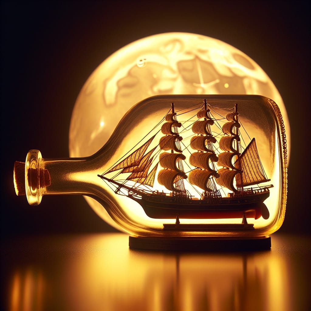 Ship in a Bottle with Rising Moon