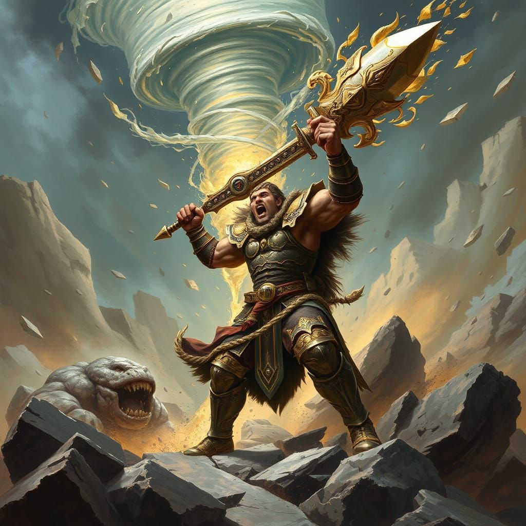 Mighty Warrior Battles Rock Beast as Tornado Sweeps the Land