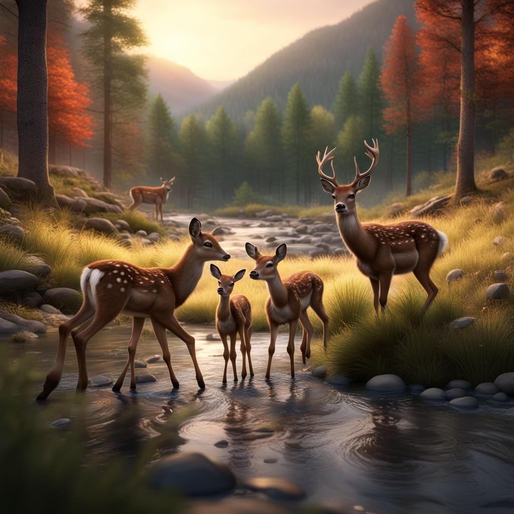 Photorealistic Deer Family in Forest at Dawn