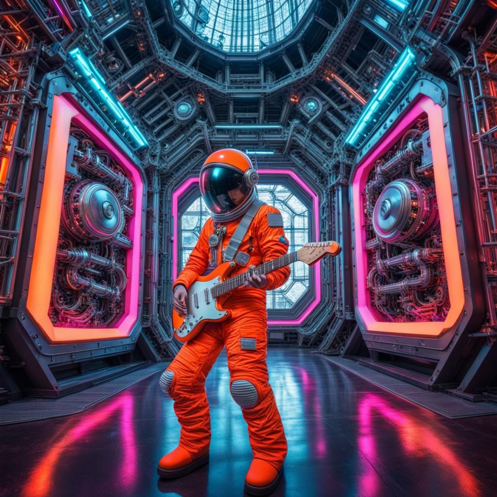 Neon Space Suit Guitarist in Hyperrealistic Style