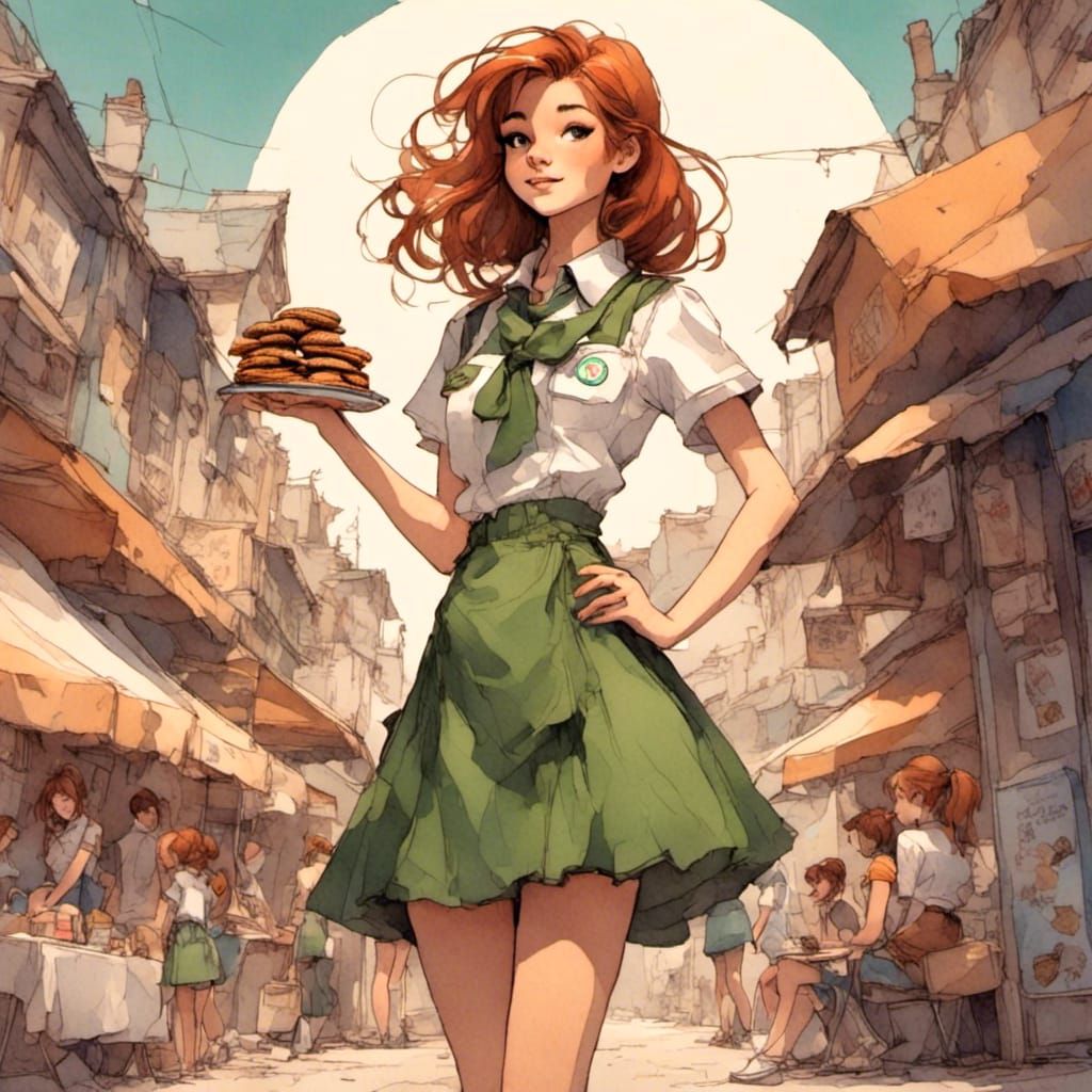 Fox-girl VIXEN, selling girl scout cookies.