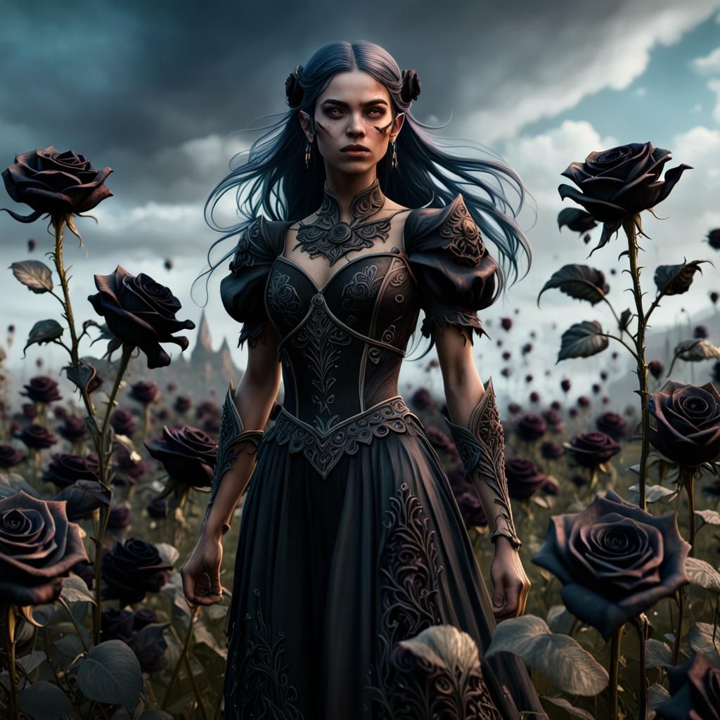Teenage Girl in Black Rose Field: Fantasy Art