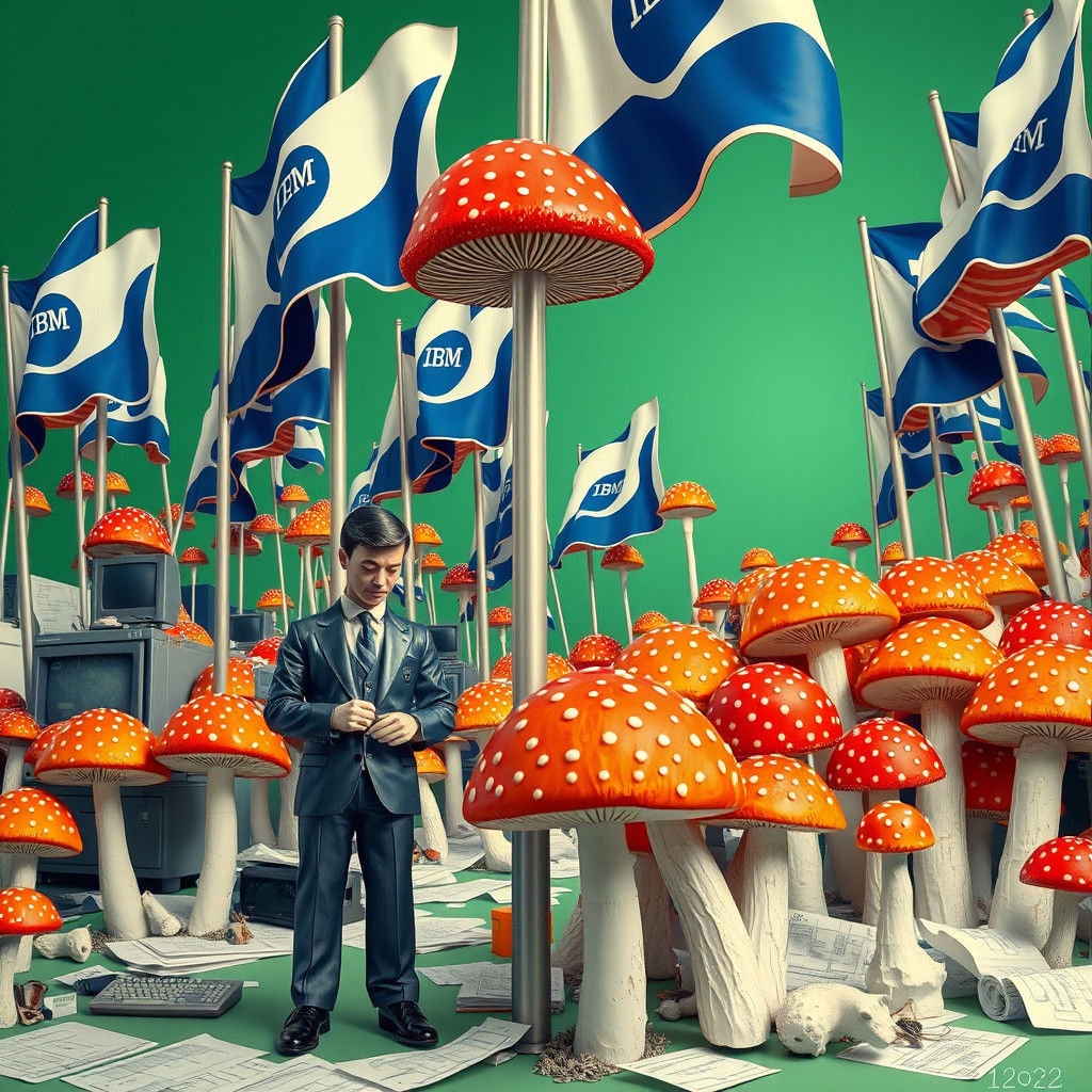 Surreal Bureaucrats Counting Giant Mushrooms in Linocut Styl...