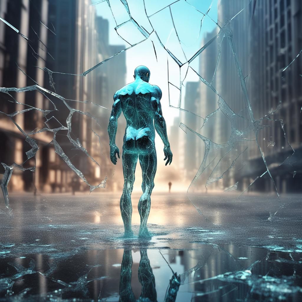 Glass Centaur with Neon Cracks and City Interior