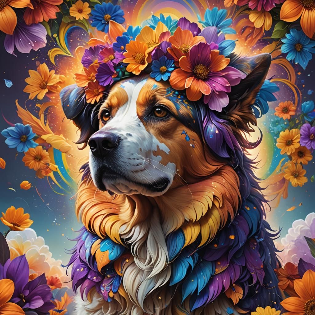 Rainbow Flower on Dog: Vibrant Digital Art