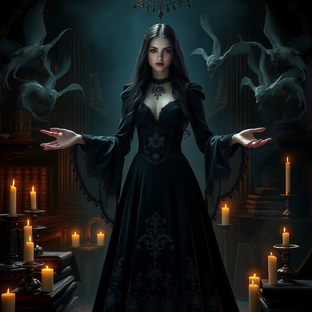 Mystical Woman Conjuring Dark Energy in Eerie Setting