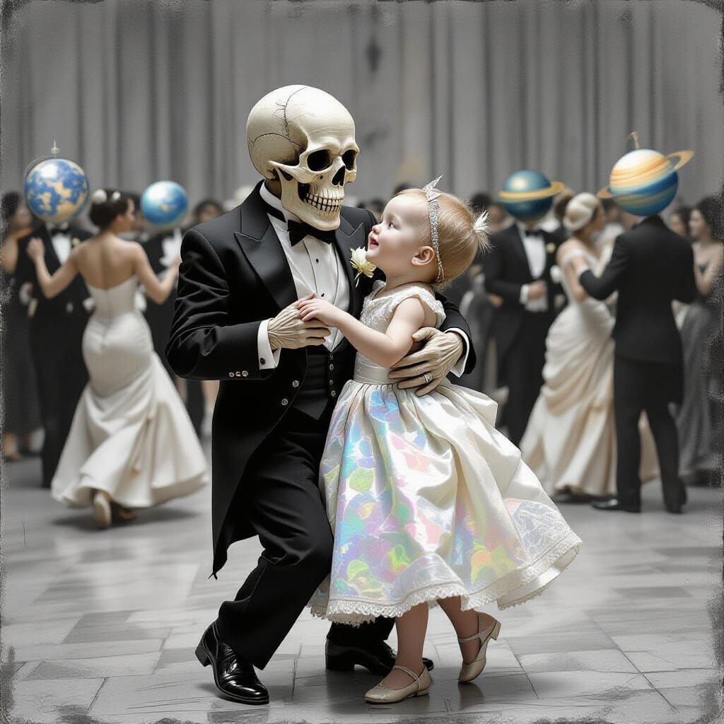 Old Man Dances With Shimmering Baby in Charcoal Sketch Ball