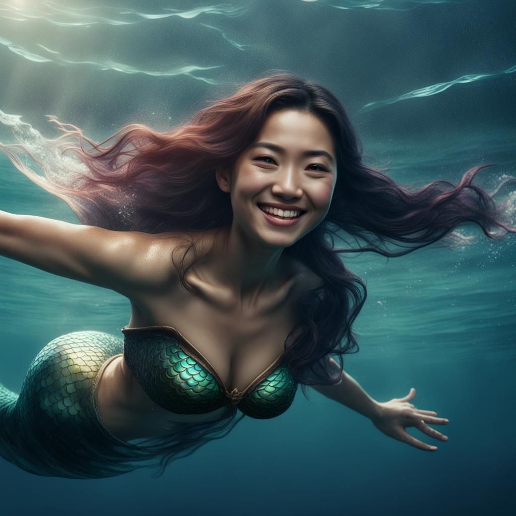 Smiling Mermaid Enjoying Ocean in Detailed Digital Painting