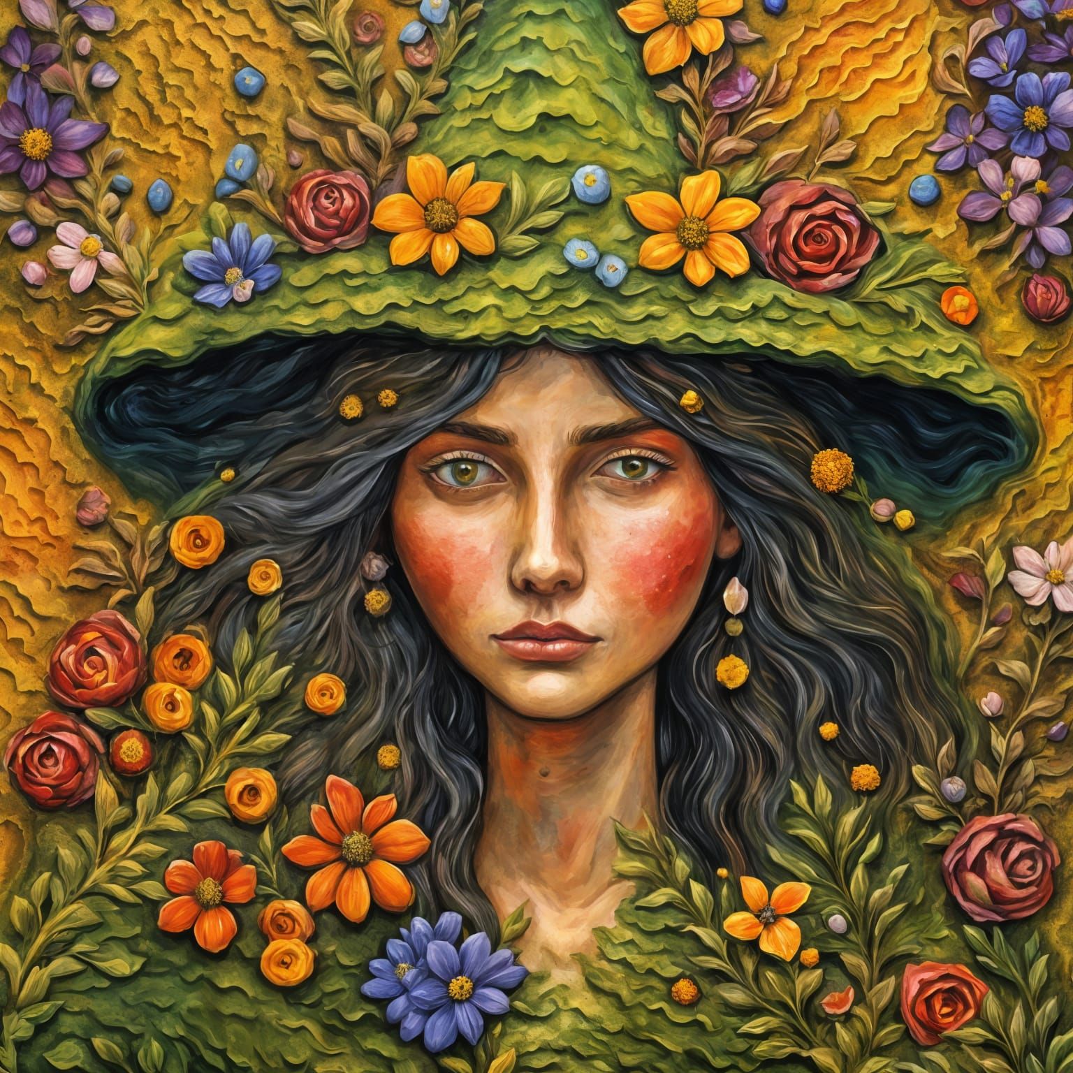 Witch Covered in Greenery and Wildflowers in Folk Art Style