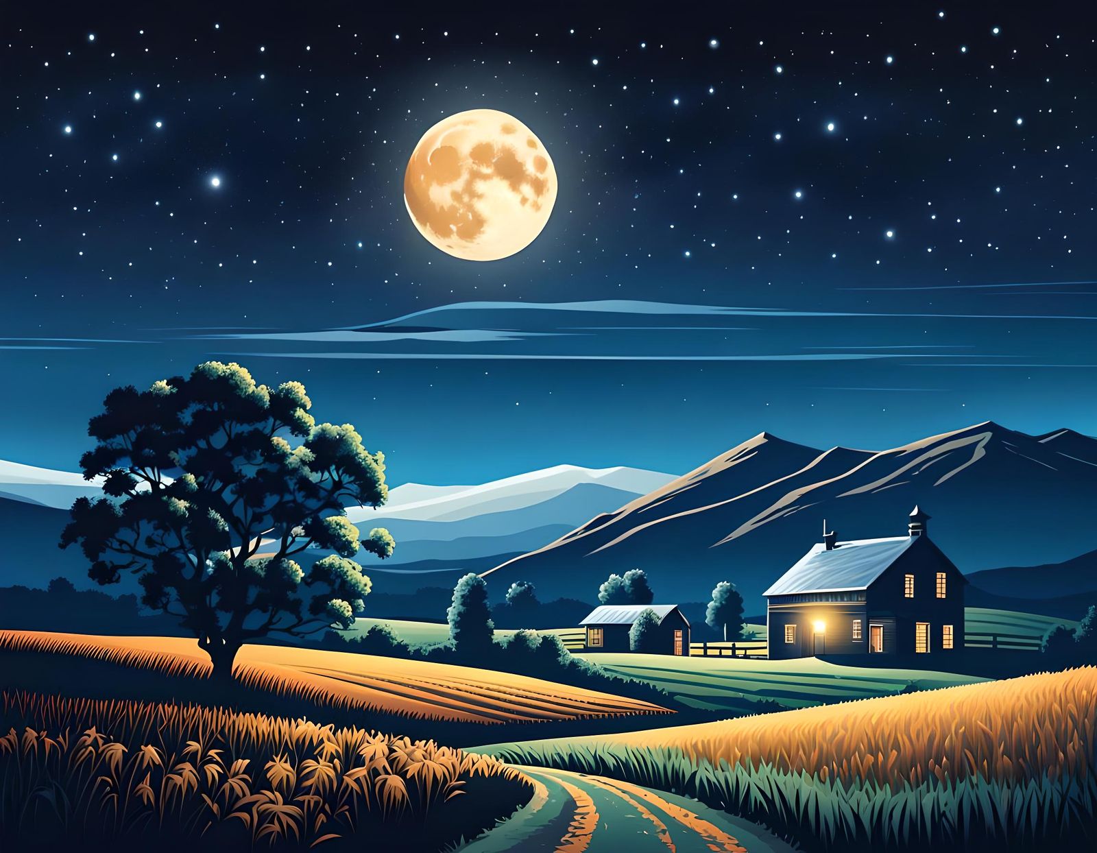 Rural Night Landscape with Silvery Moon