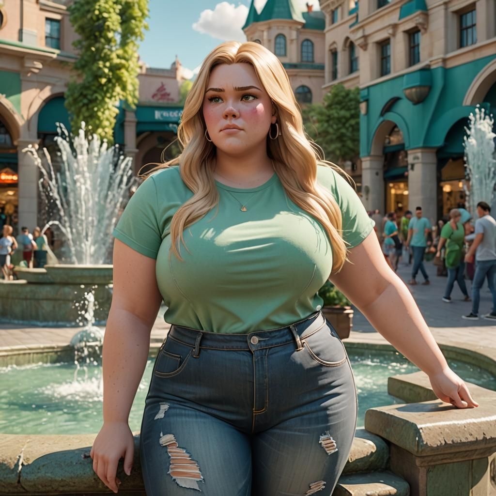 Plus-Size Woman Posing in Mall: 3D Digital Art