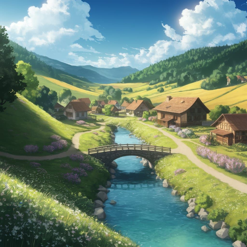 Anime-Style Village Scene in a Serene Valley Landscape