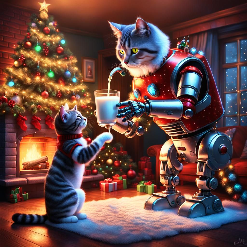 Robot Cat Brings Christmas Cheer in Whimsical Living Room Sc...