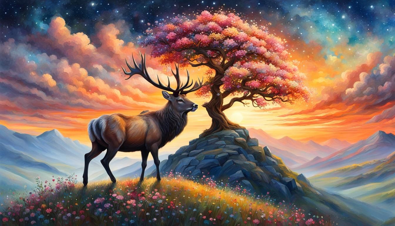 Stag and Flower Tree at Sunset: Ornate Oil Painting