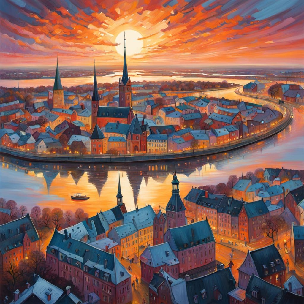 Surreal Dreamy Painting of Riga at Sunset