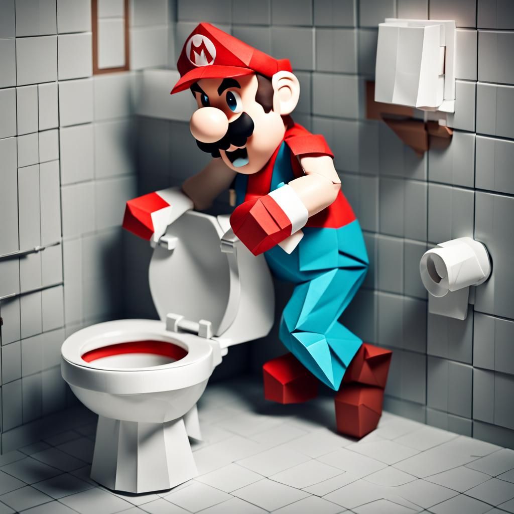 Evil Mario Cleans Toilet in Origami Style