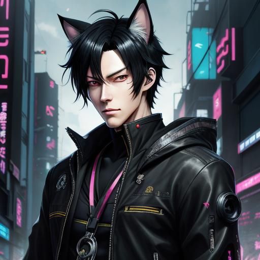 Cyberpunk Anime Boy with Animal Ears