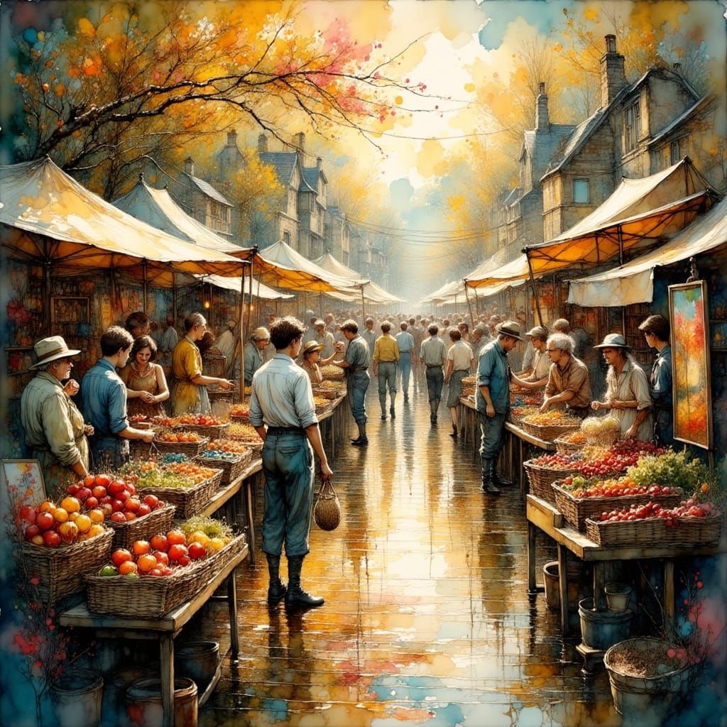 Bustling Farmers Market by River in Kinkade Style