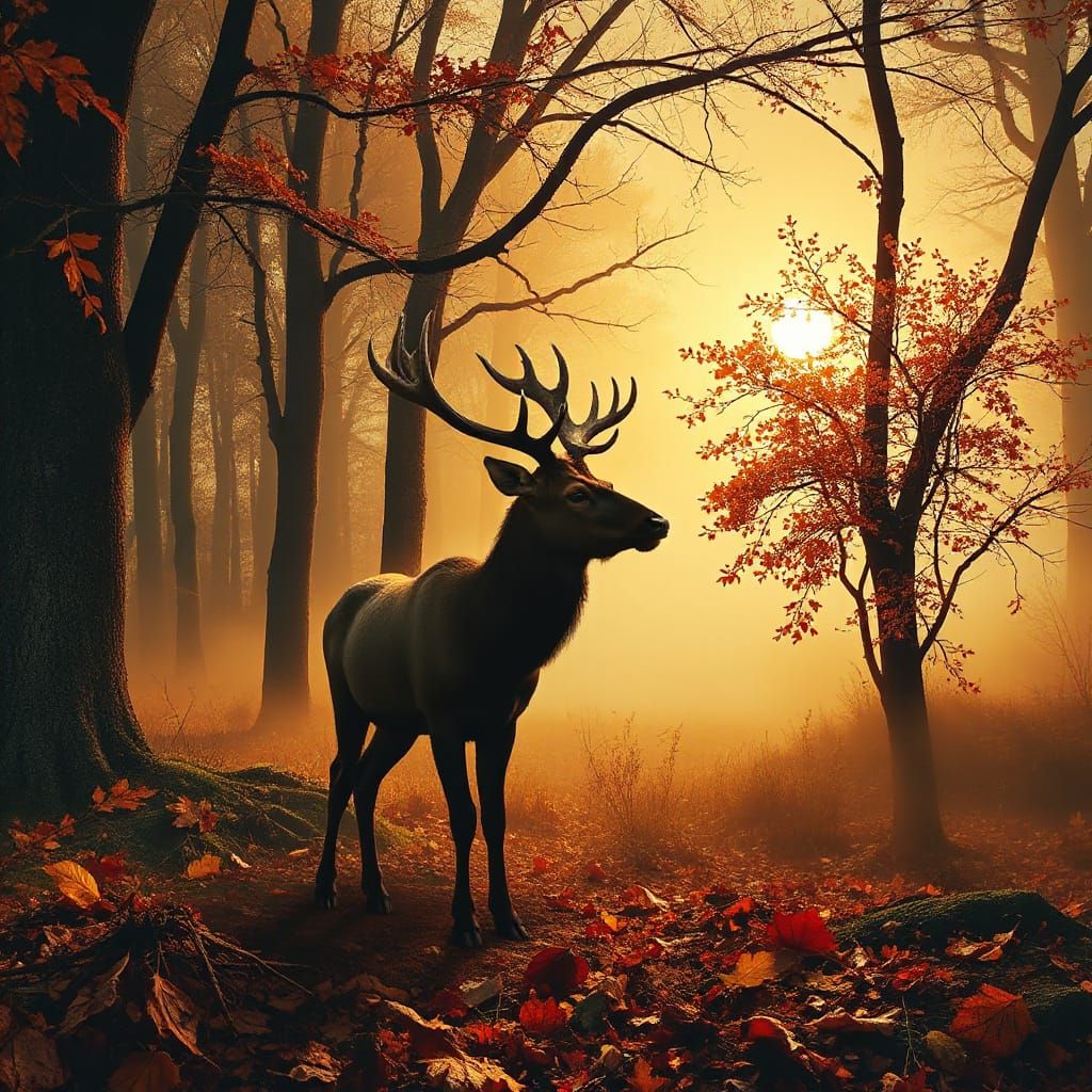 Elk in Misty Forest: Expressionist Fractal Art