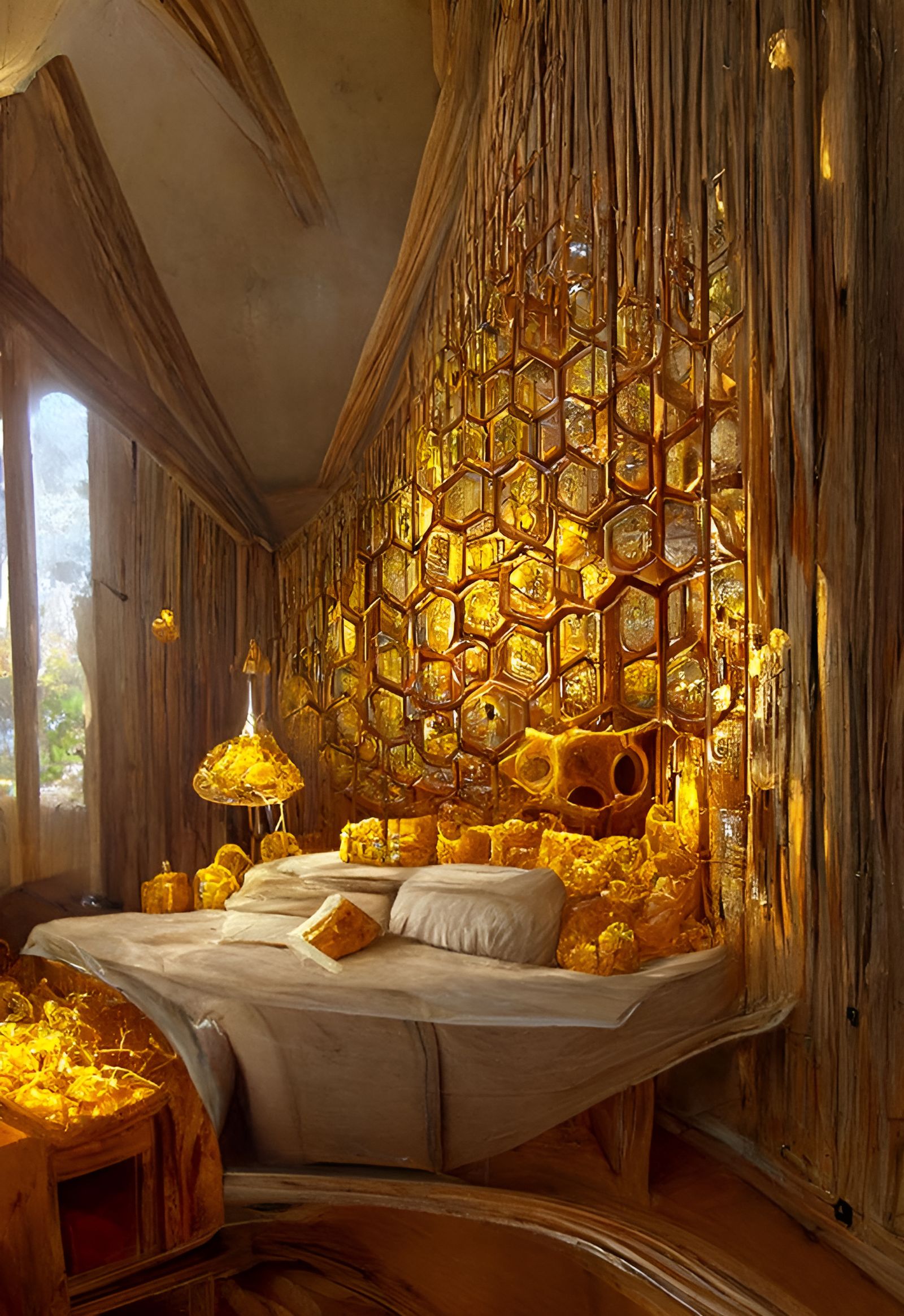 Honeybee Hotel Bedroom in Detailed Digital Painting